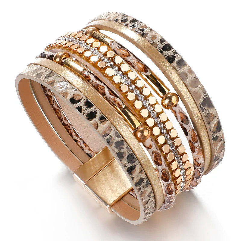 Sophisticated women's layered snake leather wristband, an elegant jewelry piece, perfect gift for her.