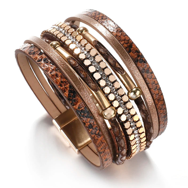 Chic women's layered snake leather bracelet, a stylish fashion accessory. Features a strong magnetic clasp.