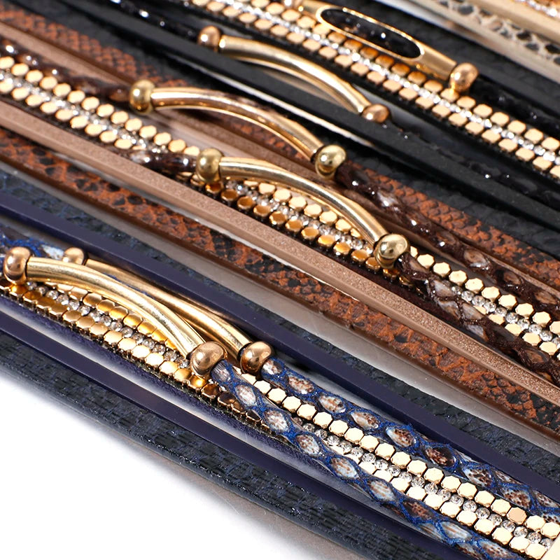 Fashionable layered snake leather bracelet, an elegant and sophisticated wristband for women's style.