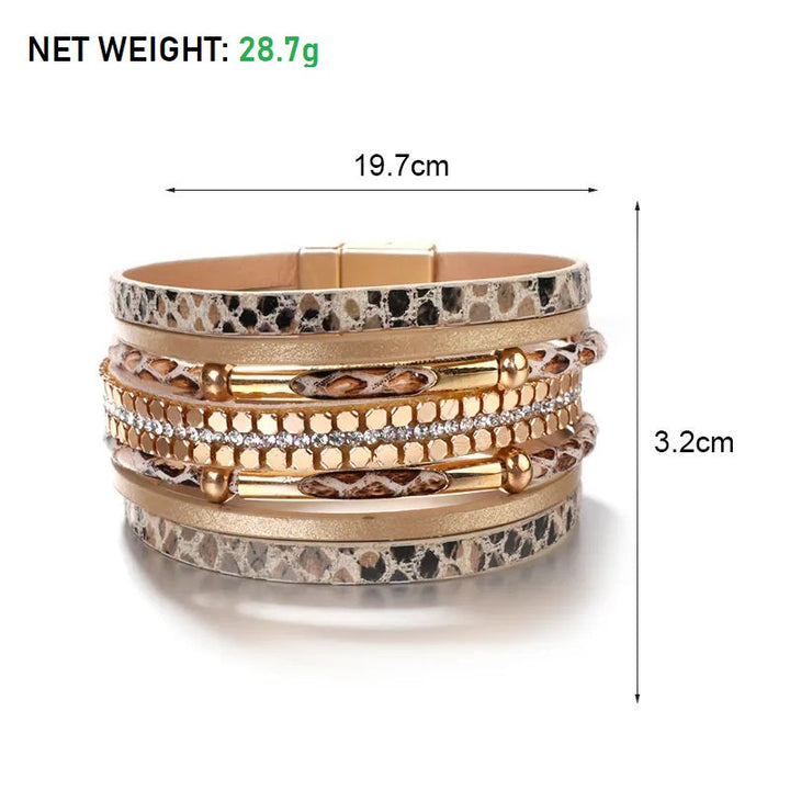 Luxury layered snake leather bracelet for women, an elegant and unique fashion accessory with magnetic closure.