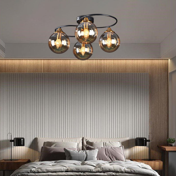 Elegant LED ceiling light, dimmable ambient light fixture with glass lampshade for modern interiors.