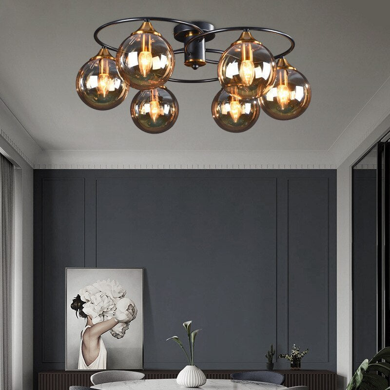 Elegant LED ceiling light for bedroom lighting, featuring a dimmable glass lampshade.