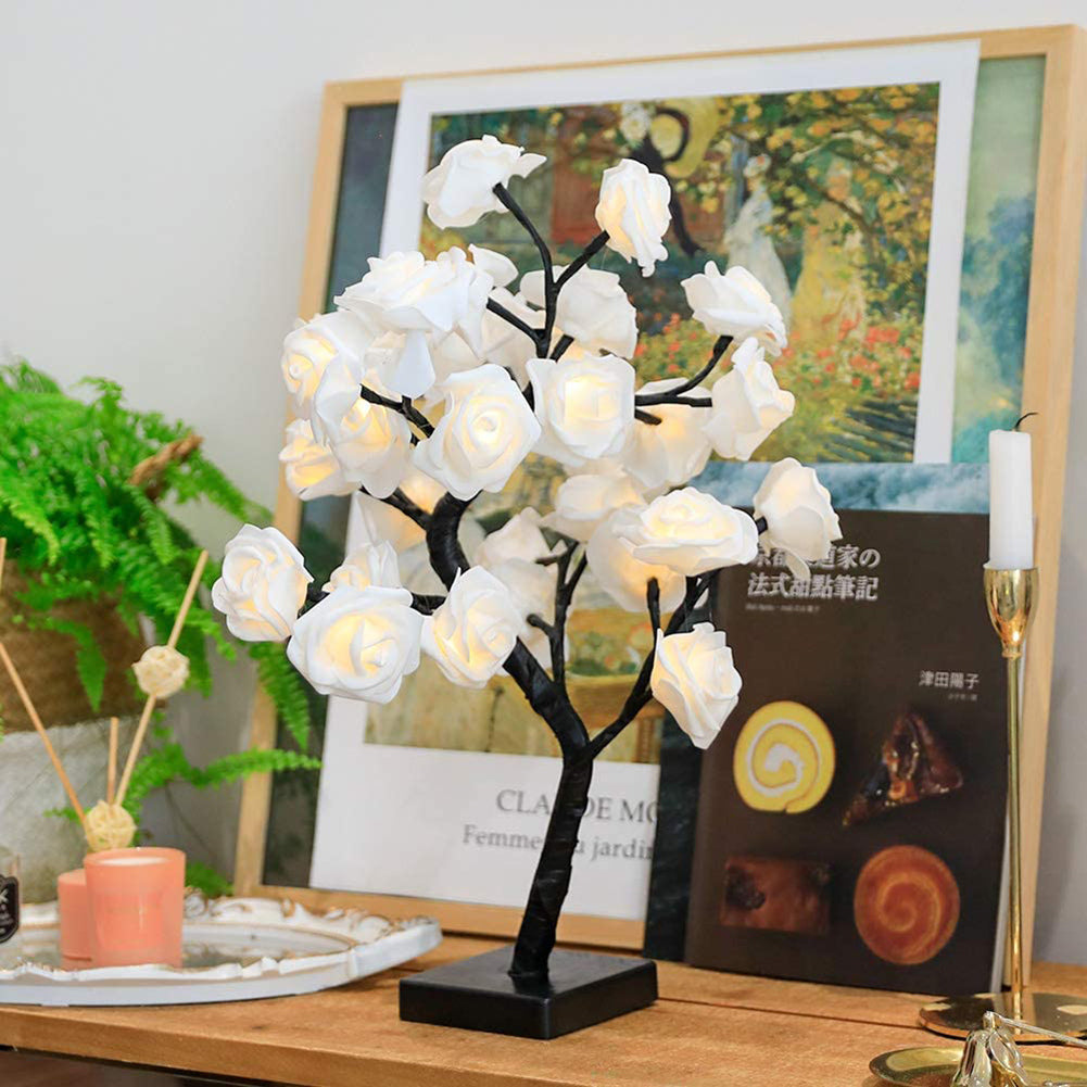 LumiRose tree lamp with intricate rose details, glowing LED lights, ideal for home ambient lighting.