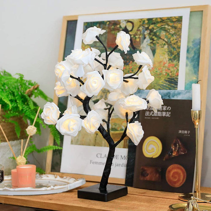 LumiRose tree lamp with intricate rose details, glowing LED lights, ideal for home ambient lighting.