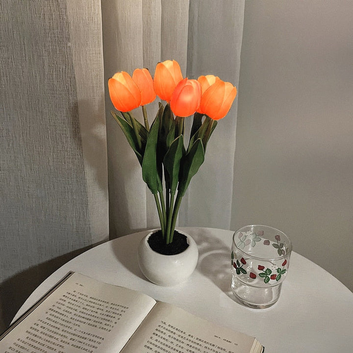 Gift-ready LED tulip night light, a delightful flower decor item and practical bedroom light.