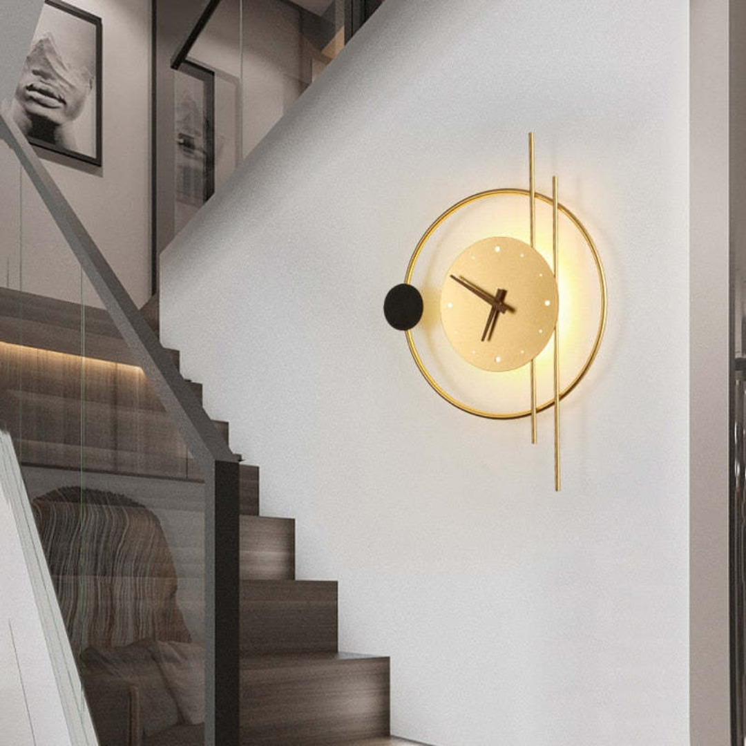 Contemporary LED wall lamp, modern clock function with ambient light, perfect for modern spaces.
