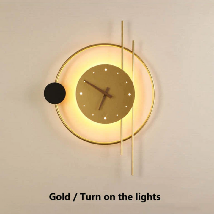 Sleek modern LED wall clock, integrated ambient light, perfect for contemporary living rooms.
