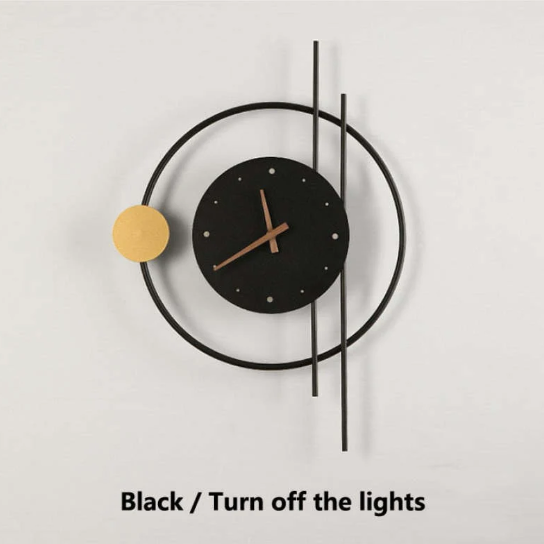 Stylish LED wall lamp clock, provides soft ambient light & time display for a chic bedroom.