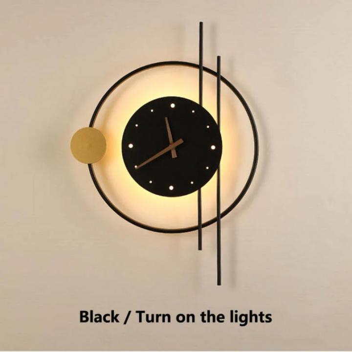 Modern LED wall clock & ambient light for living room decor. Elegant contemporary timepiece.
