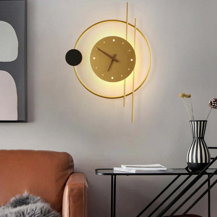 Modern LED wall clock lamp, elegant ambient lighting & time display, enhances any home decor style.