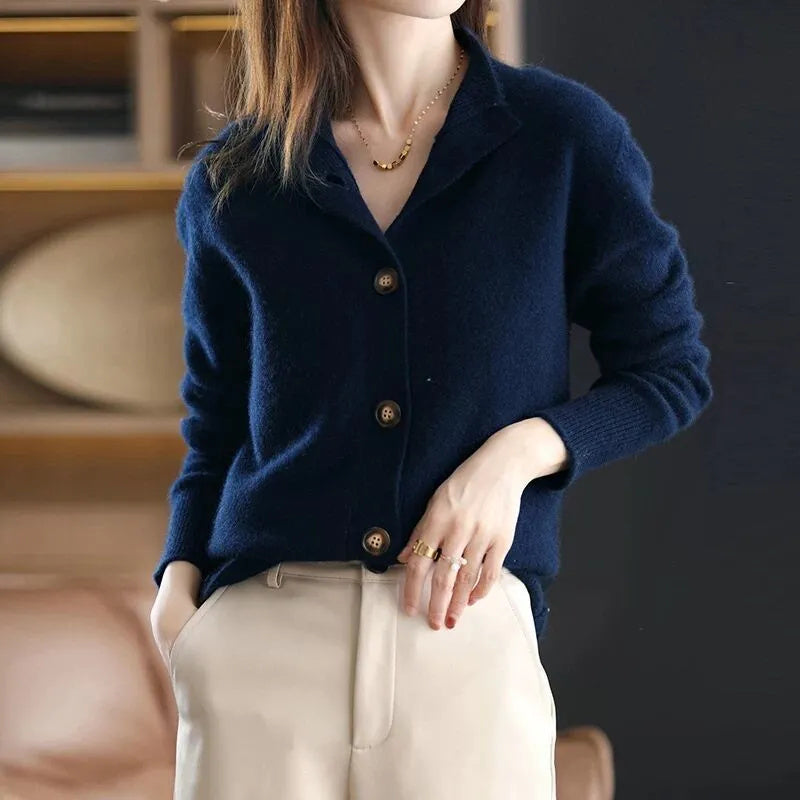 Beige elegant women's cardigan, an open-front, long-sleeve, and versatile everyday comfort piece.