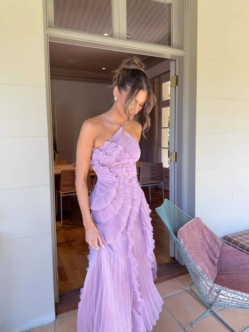 Beautiful lilac halter midi dress featuring delicate pleats & ruffles. A chic choice for homecoming & parties.