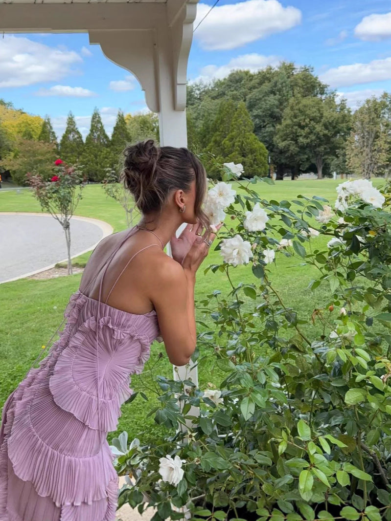 Stunning women's pleated ruffle halter midi dress in lilac. Versatile for homecoming, wedding guest, or cocktail.
