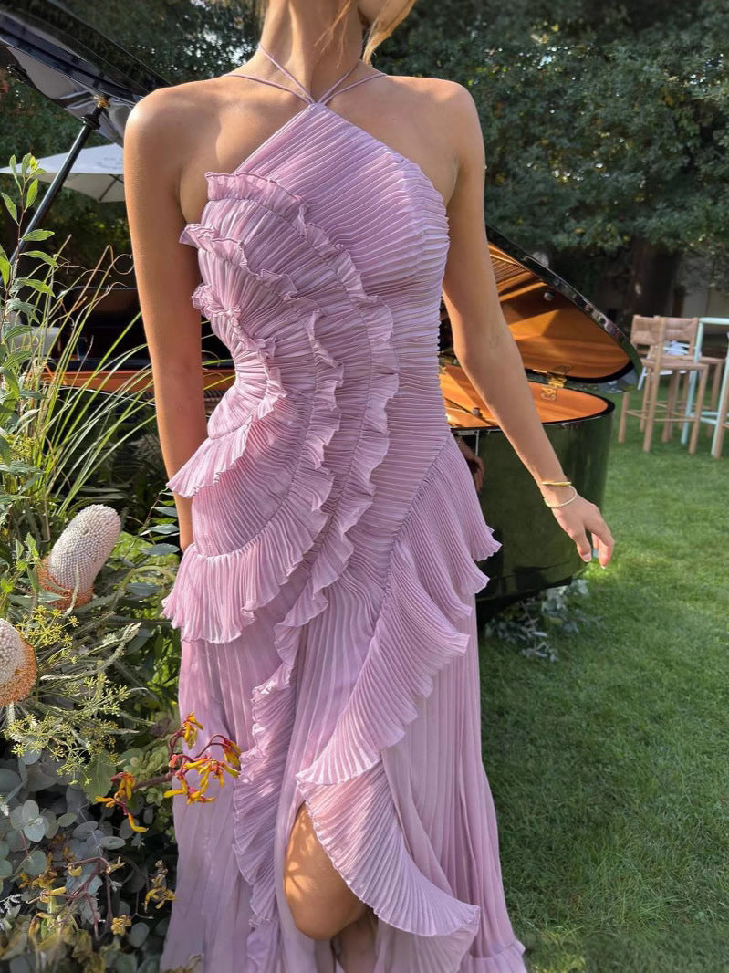 Graceful women's lilac special occasion dress. Pleated, ruffled, & halter midi style perfect for formal events.