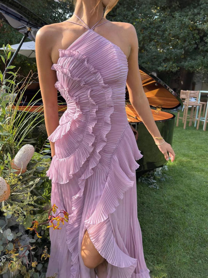 Graceful women's lilac special occasion dress. Pleated, ruffled, & halter midi style perfect for formal events.