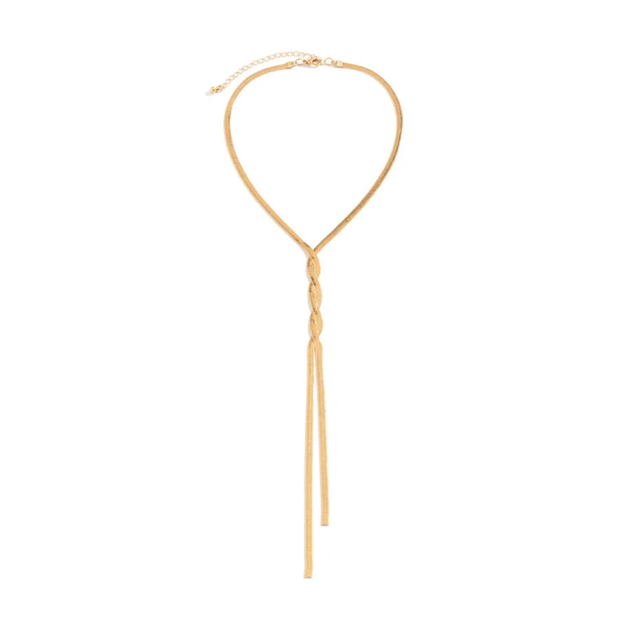 Sophisticated long chain necklace in polished stainless steel, a stylish and elegant women's fashion accessory.