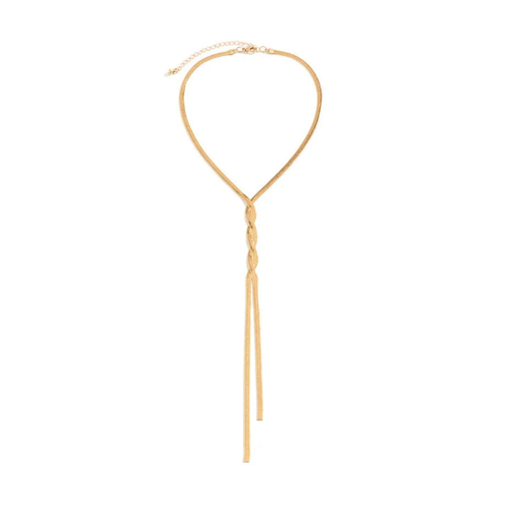 Sophisticated long chain necklace in polished stainless steel, a stylish and elegant women's fashion accessory.