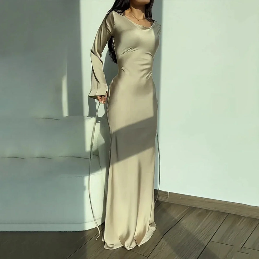 Chic apricot long sleeve summer dress, an elegant and fitted women's dress perfect for stylish occasions.