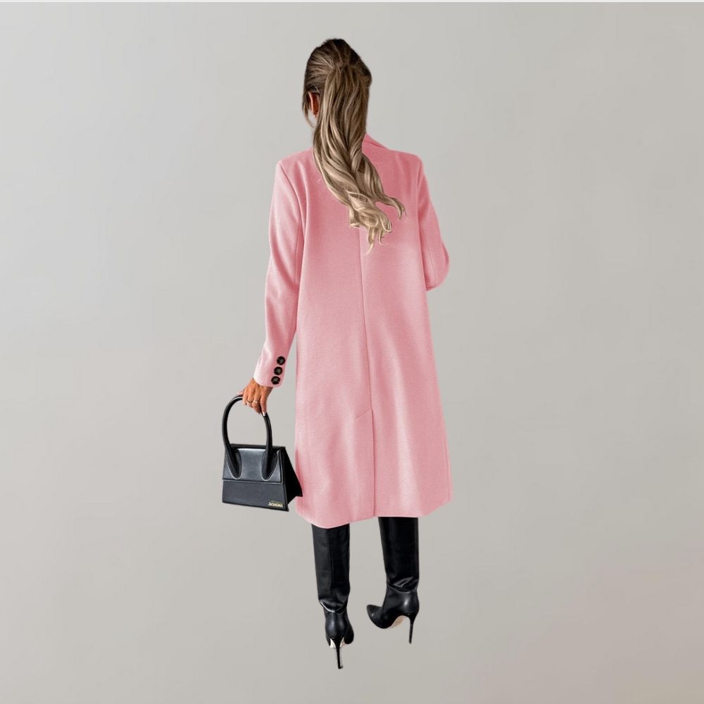 Stylish women's long winter jacket, a warm and elegant Elara outerwear piece.