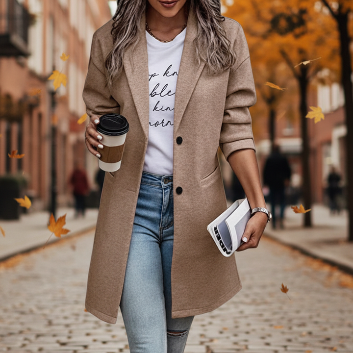 Elegant longline winter coat for women in classic style, perfect for autumn and winter warmth and fashion.