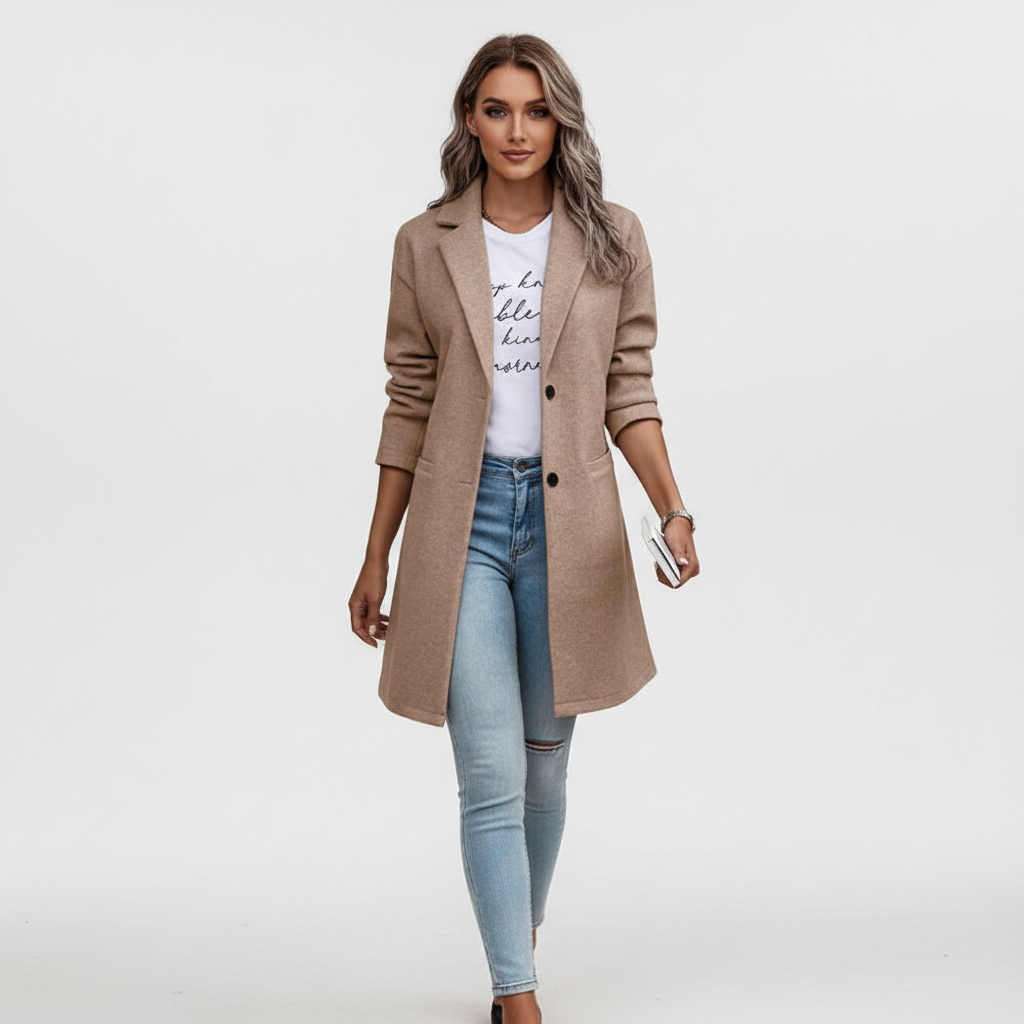 Stylish women's long coat, designed for warmth and elegance, featuring an autumn winter classic outerwear look.