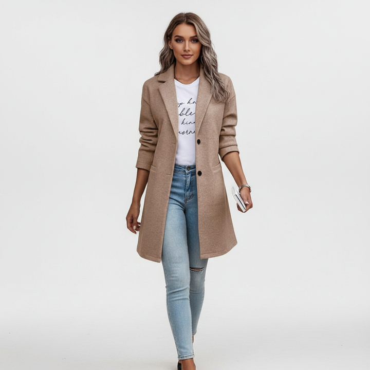Stylish women's long coat, designed for warmth and elegance, featuring an autumn winter classic outerwear look.