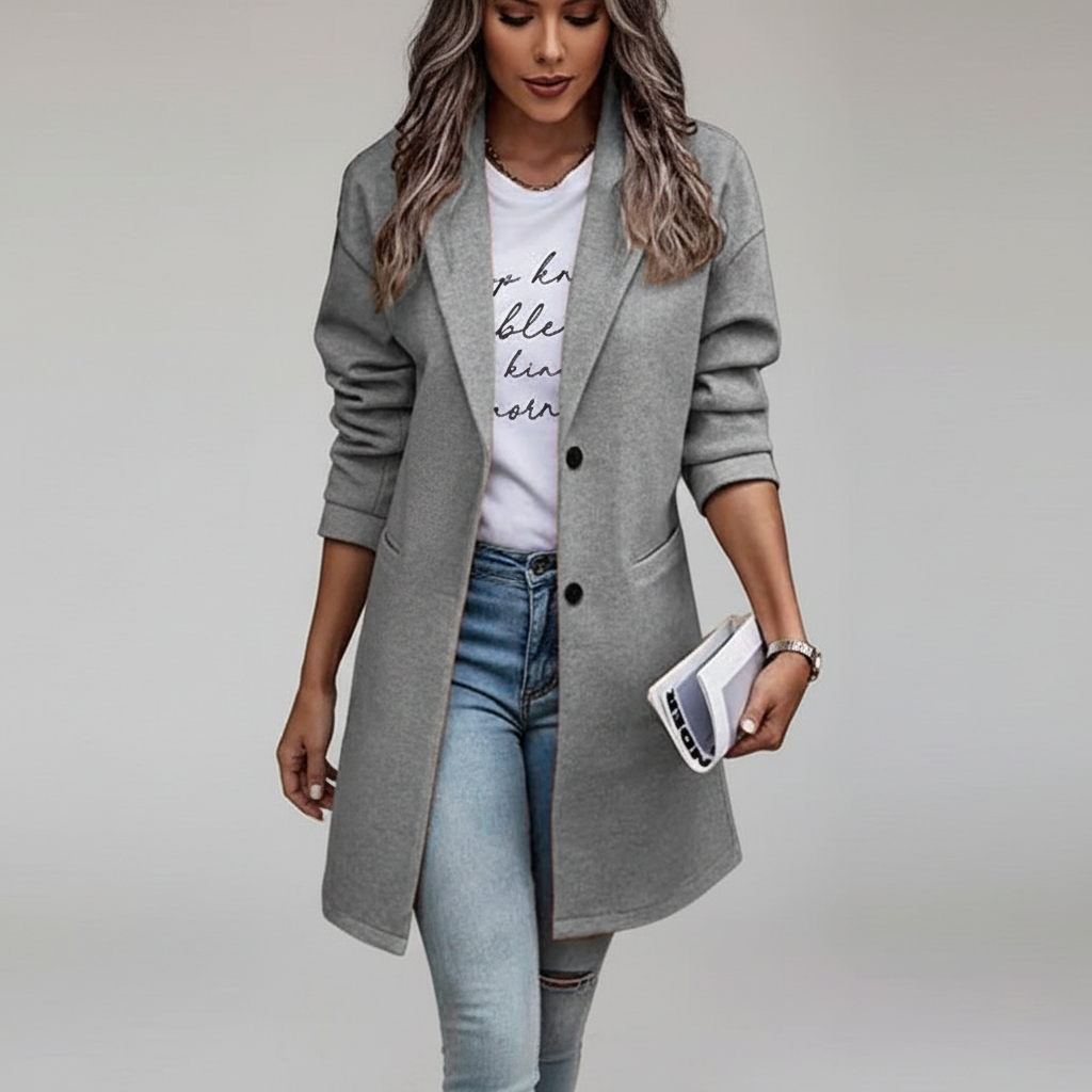 Fashionable longline winter jacket for women, combining warmth and elegance in a timeless, stylish design.