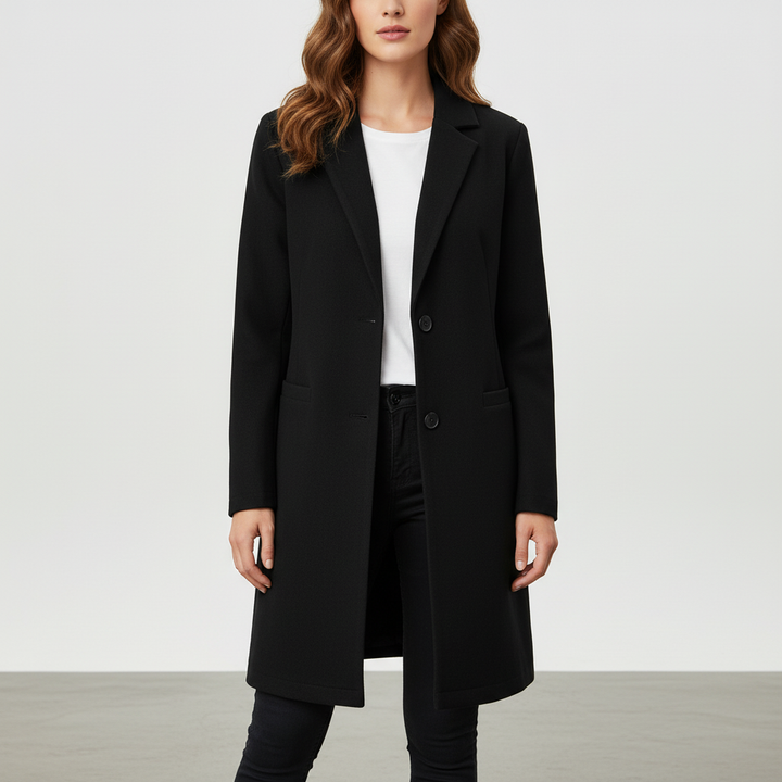 Stylish women's long coat, a warm and elegant outerwear piece for classic autumn and winter fashion.