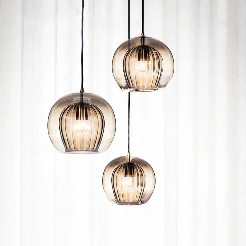 Modern adjustable ceiling fixture, designer aluminum & glass pendant lamp for contemporary homes.