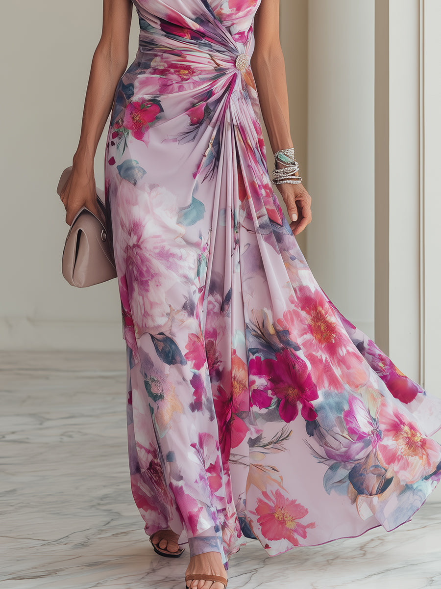 Stylish women's magenta floral wrap maxi dress. Elegant V-neck, short sleeves & ruched waist. Great for formal events.