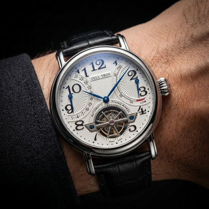 Luxury men's automatic self-winding timepiece, showcasing a sophisticated dial and premium leather strap.