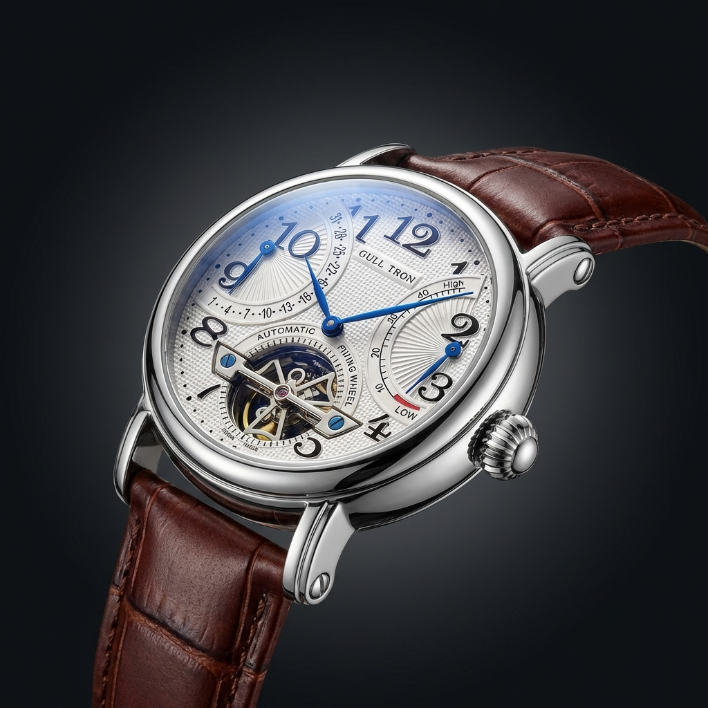 Sophisticated men's automatic watch, revealing intricate movement through its transparent caseback.