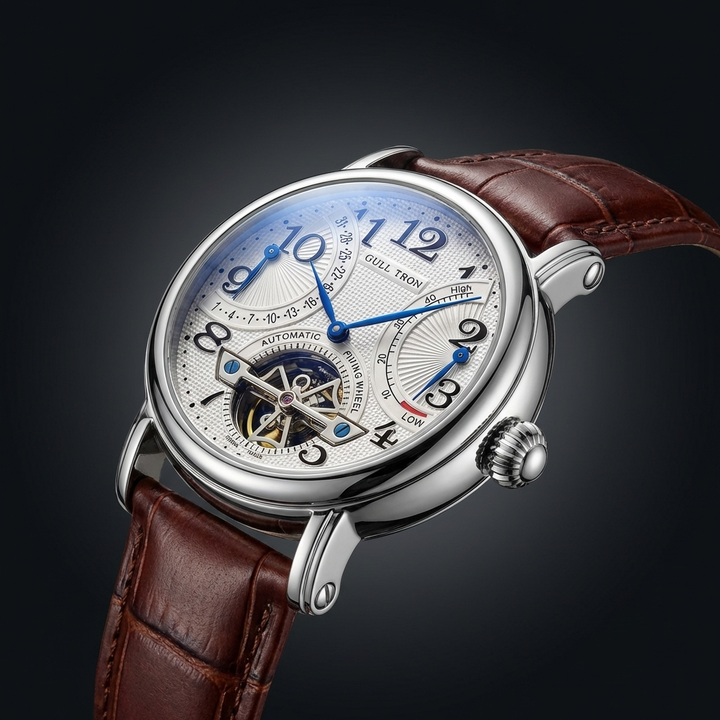Sophisticated men's automatic watch, revealing intricate movement through its transparent caseback.