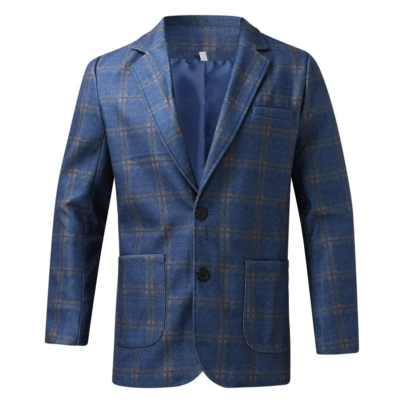Elegant men's blue checked blazer, tailored for a polished style. Perfect for formal wear or business casual.
