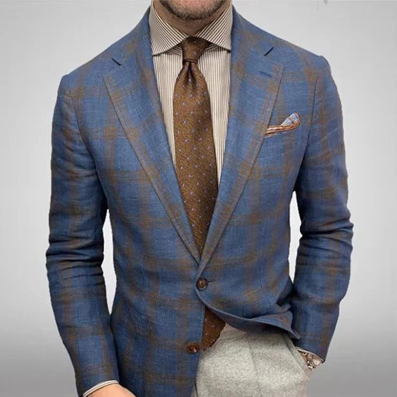 Stylish men's blue checked blazer, a fashionable tailored jacket for a sharp and modern look. Business casual.