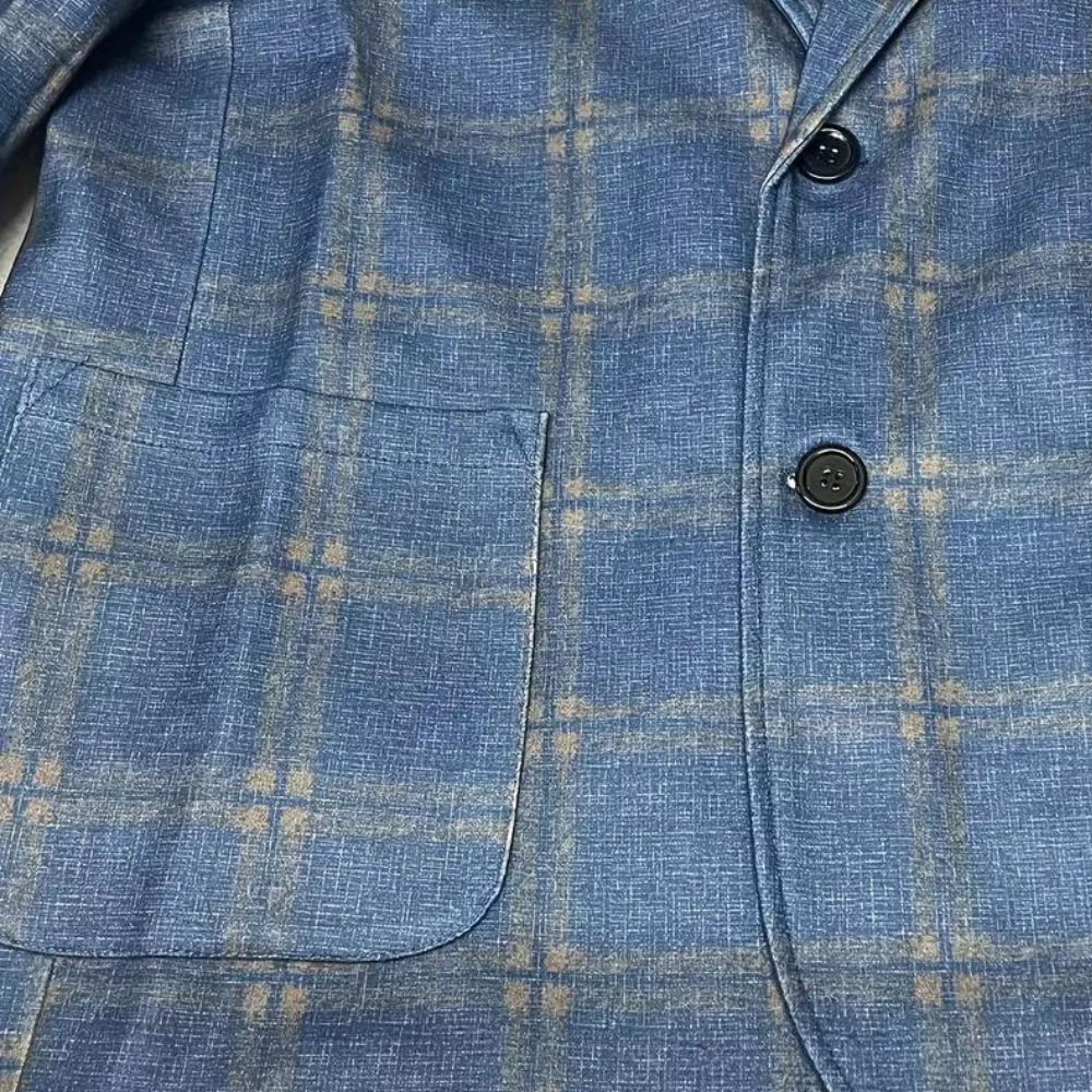 Premium men's blue checked blazer with tailored fit, ideal for elegant formal or smart business casual wear.