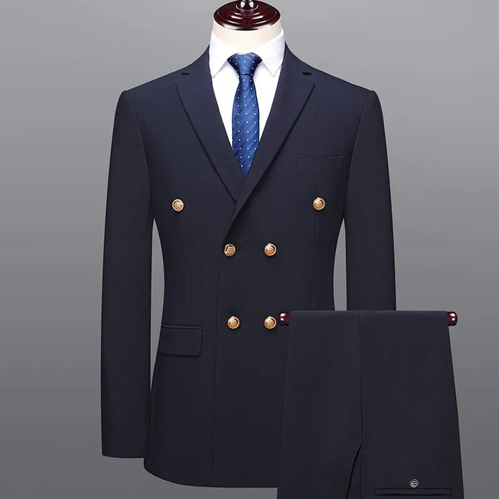 Elegant men's dark blue double-breasted slim fit suit, perfect for weddings, business, or formal events.