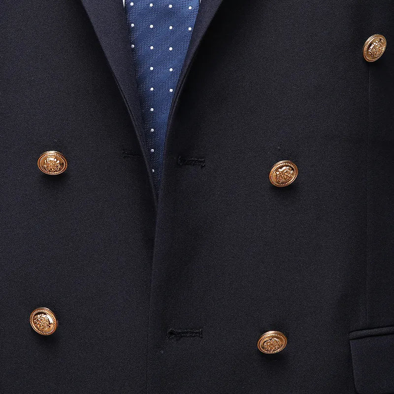 Sophisticated dark blue slim fit double-breasted men's suit, perfect formal attire for special events.