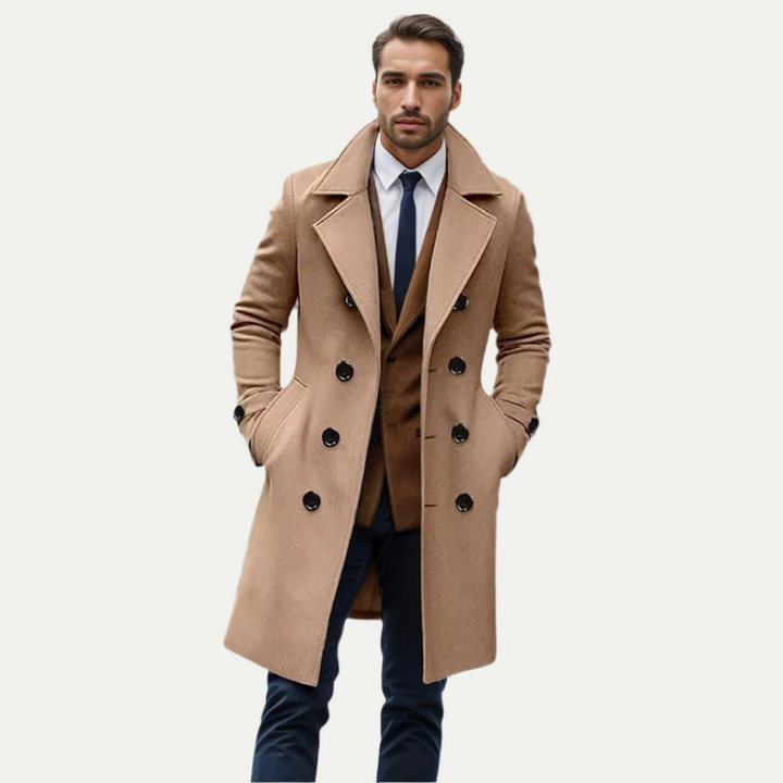 Elegant men's Italian style longline trench coat. Double-breasted outerwear, perfect for formal or business attire.