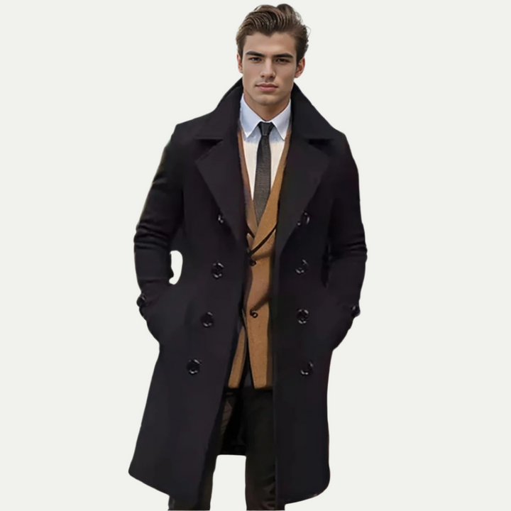 Men's classic double-breasted trench coat. Elegant longline outerwear for sophisticated formal and casual wear.