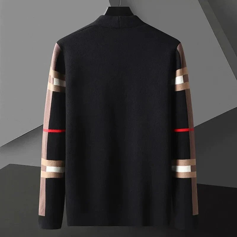 Stylish men's long-sleeve button-down cardigan, an elegant knit layering piece for classic fashion.