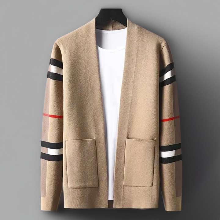 Versatile men's button-down knit cardigan for elegant fashion. Great for casual or dressy autumn wear.