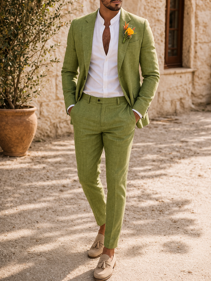 Elegant men's tailored two-piece wedding suit for a summer outdoor ceremony. Perfect formal wear.