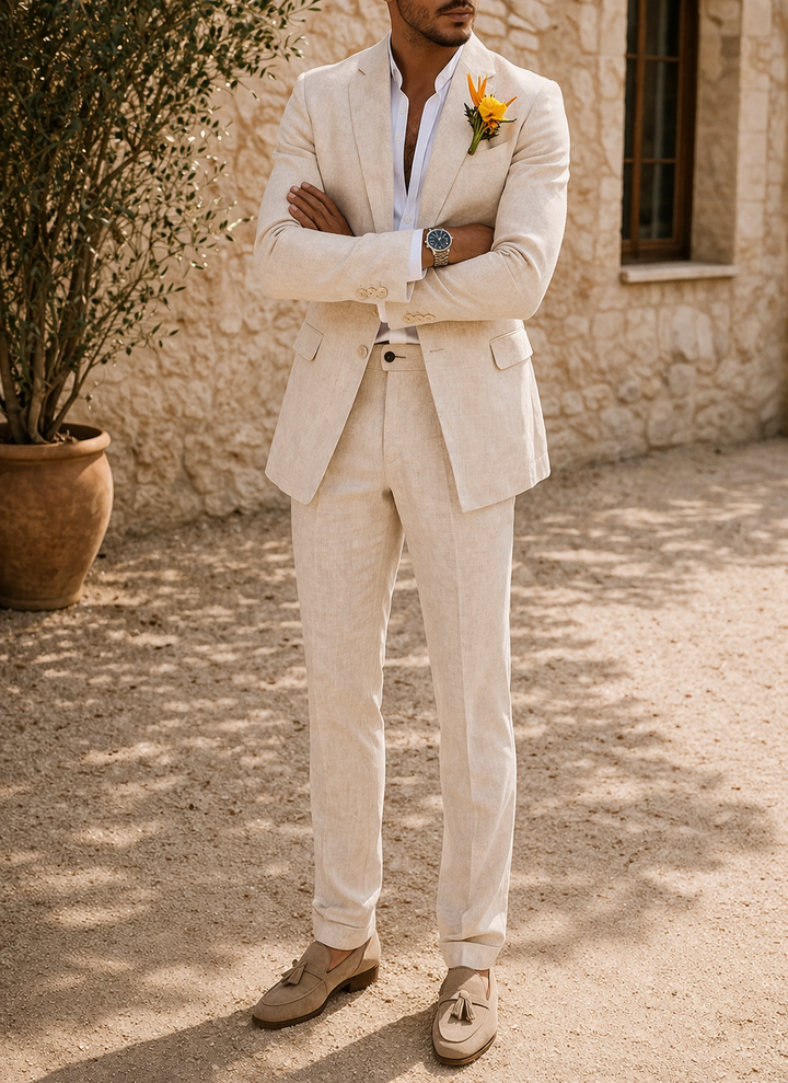 Classic men's formal wedding suit. Tailored two-piece design, perfect for elegant occasion wear.