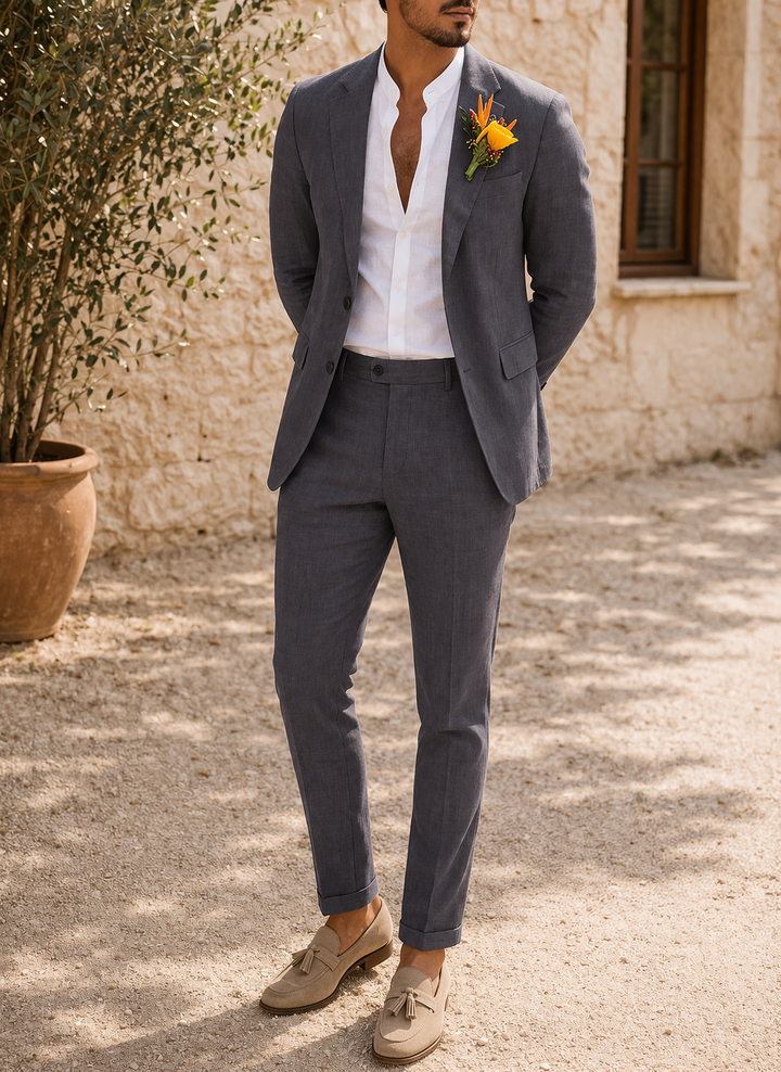 Fashionable men's two-piece tailored suit, excellent formal wear for weddings & elegant events.