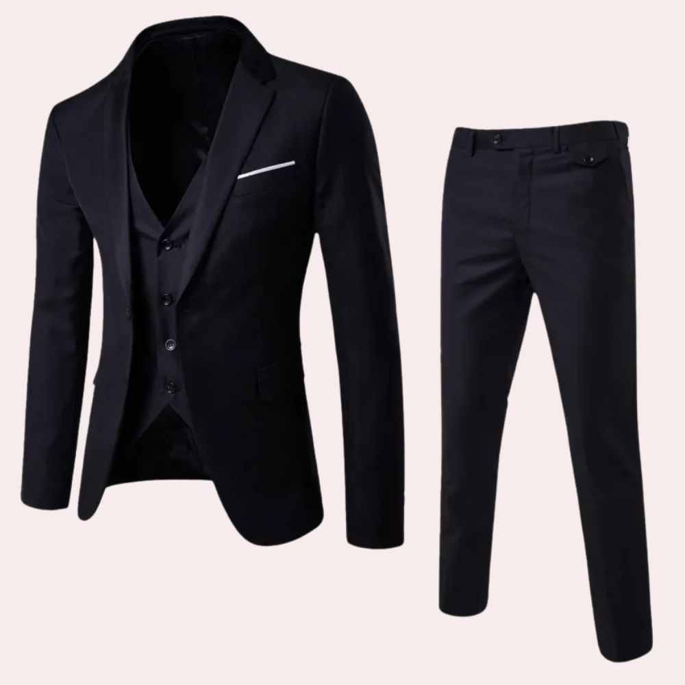 Elegant men's three-piece formal suit, perfect for weddings & business. Tailored slim fit for a sharp look.