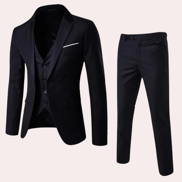 Elegant men's three-piece formal suit, perfect for weddings & business. Tailored slim fit for a sharp look.
