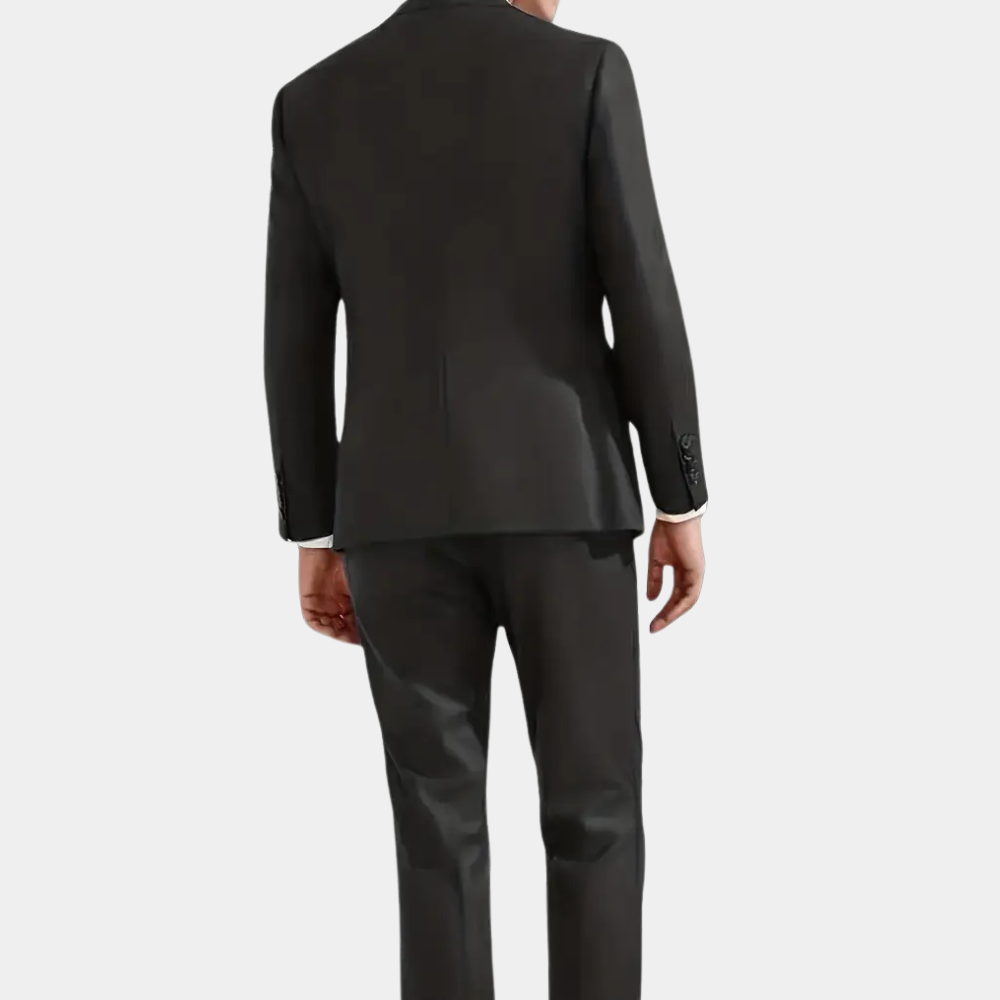 Black men's three-piece suit, slim fit formal wear for weddings, business, and special occasions. Elegant tailoring.