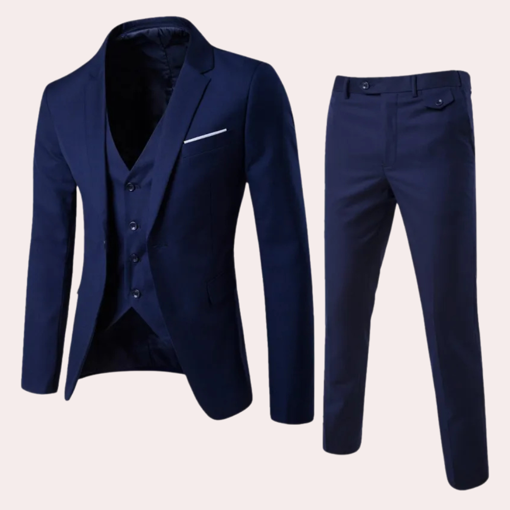 Modern men's slim fit three-piece suit, elegant formal fashion for sophisticated events. Tailored for a sharp silhouette.