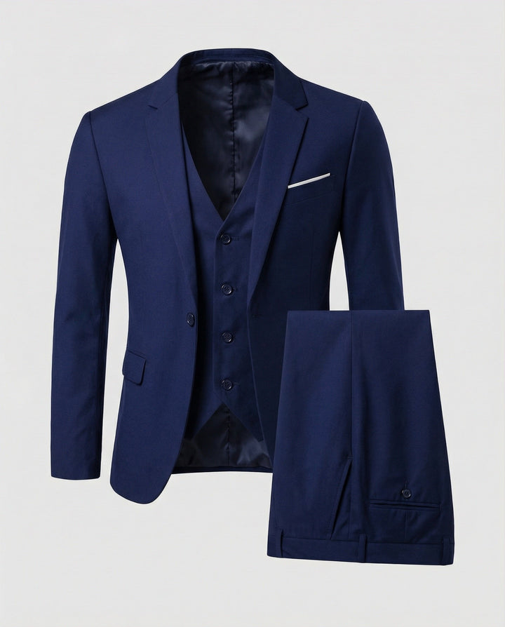 Modern men's three-piece suit in a classic cut for weddings, proms, and formal business meetings.